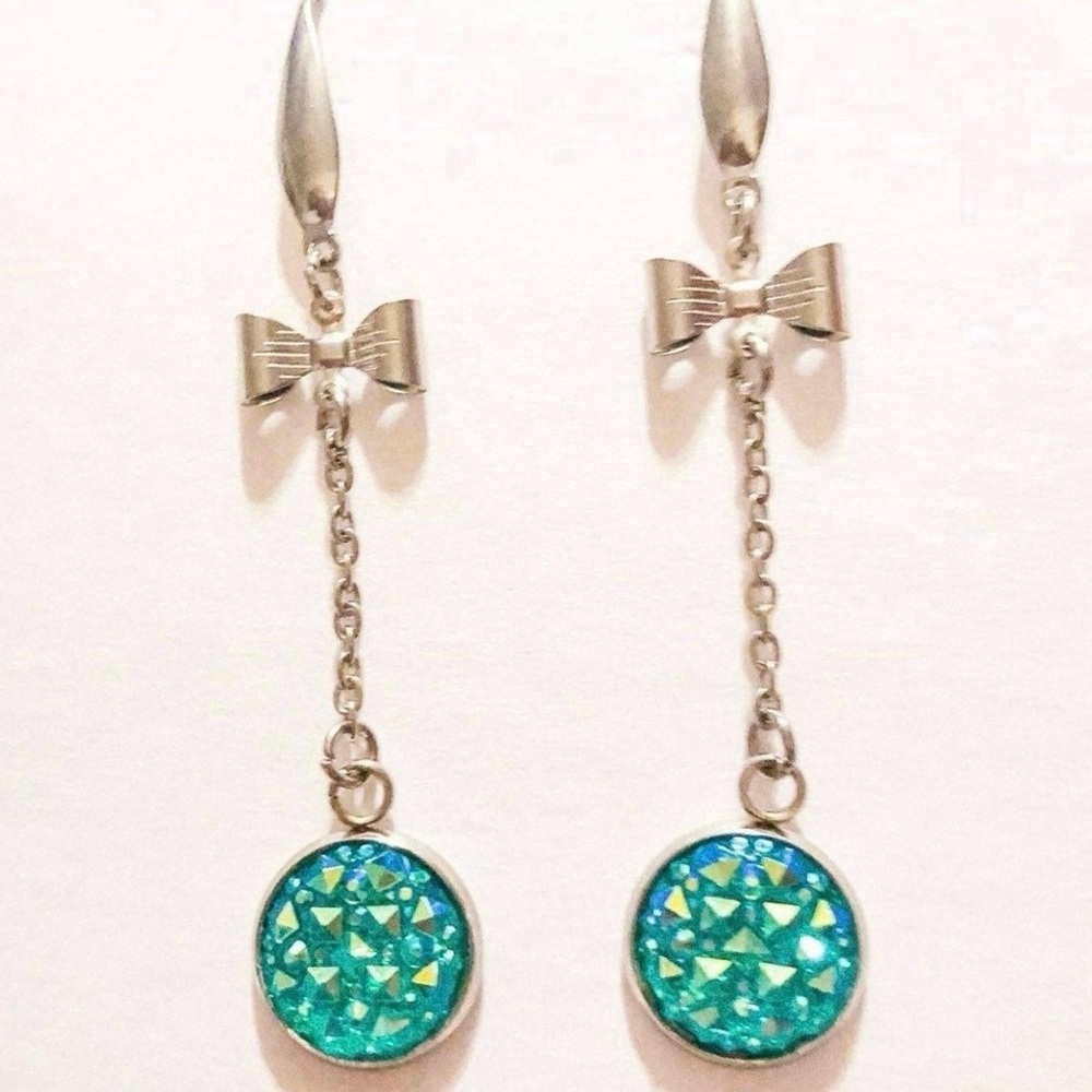 Sparkly Turquoise Silver Bow Dangle Earrings